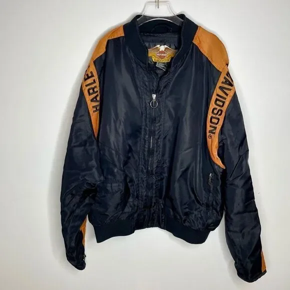 Harley Davidson Men’s Racing Jacket Black Bar Shield Orange Nylon Bomber Zip XL